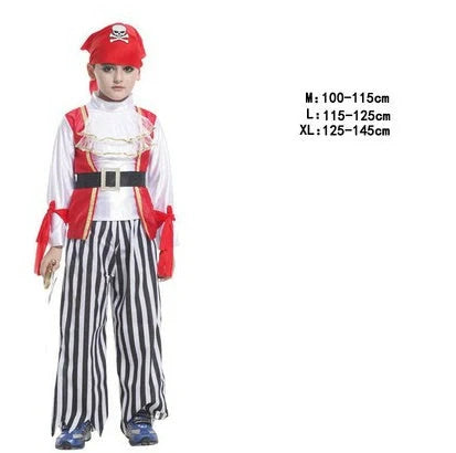 Halloween children's pirate costume with multiple character options and sizing guidance