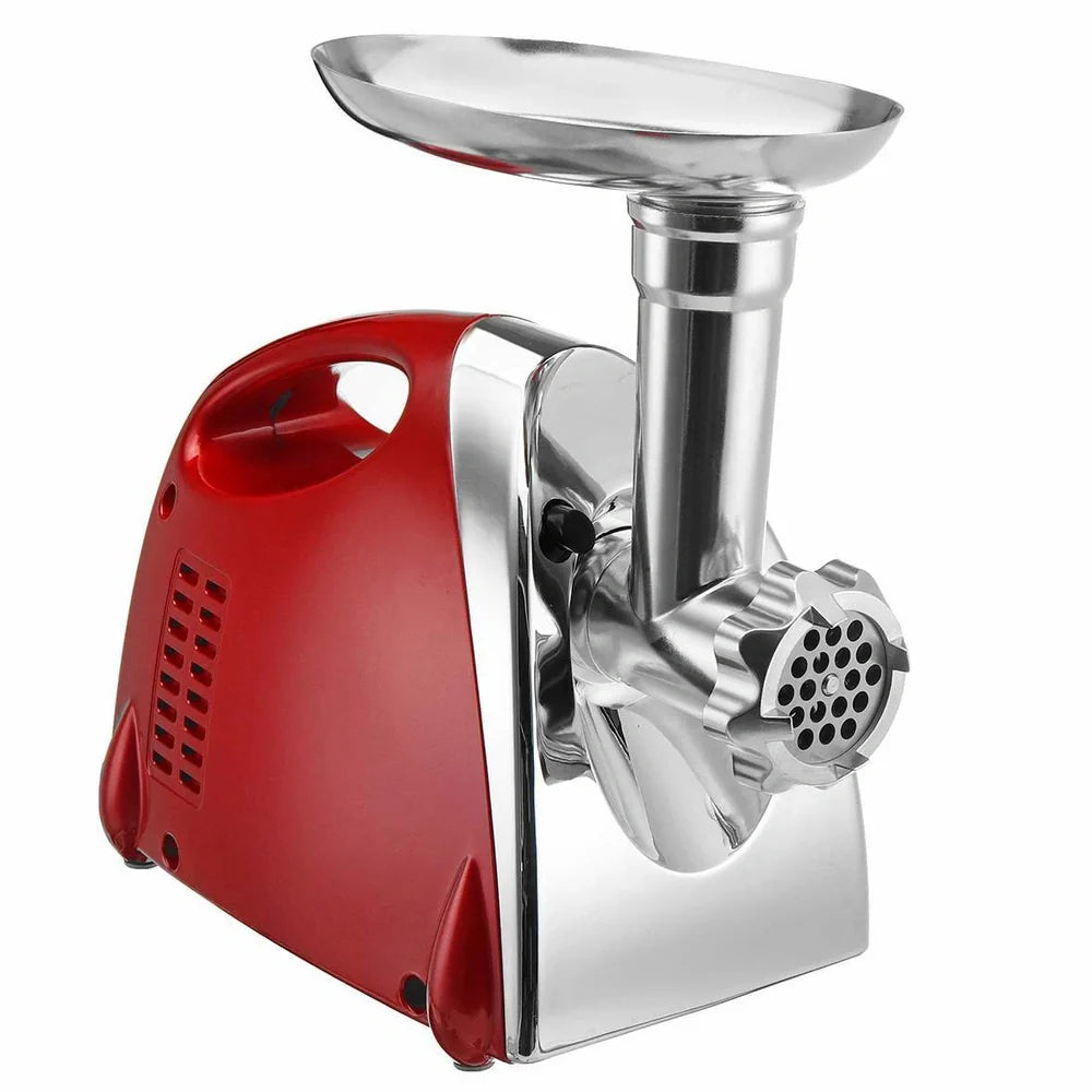 Red electric meat grinder with 800W motor processing 800 grams per minute with food-grade aluminium construction