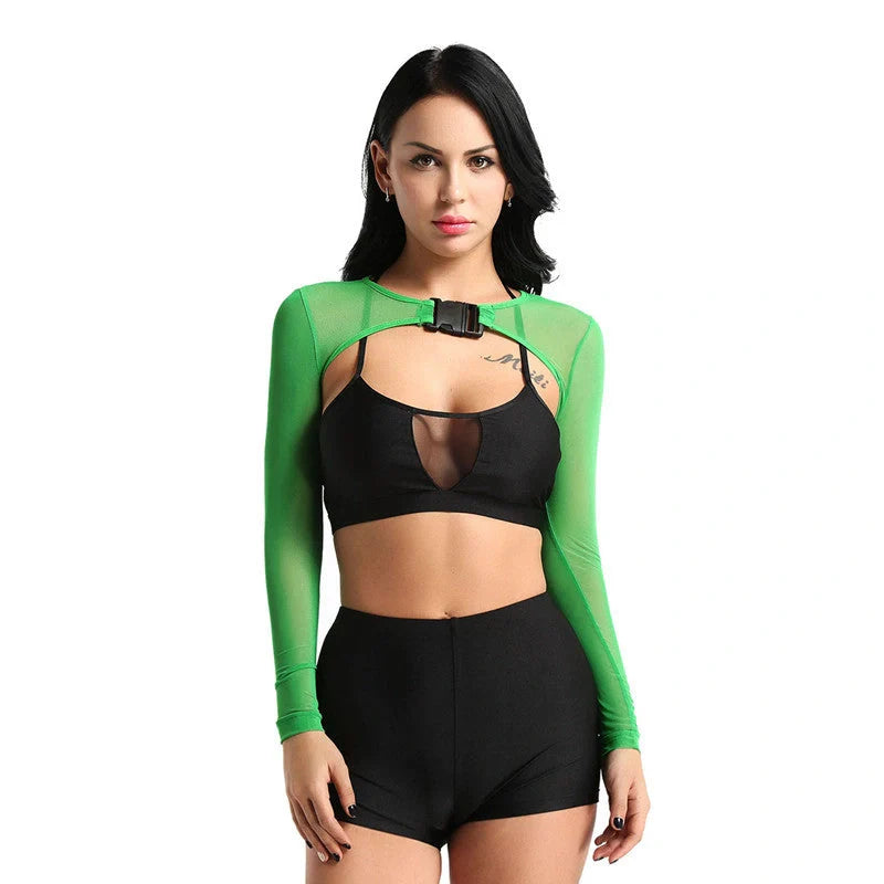 Women's transparent mesh crop top with long sleeves and front button closure