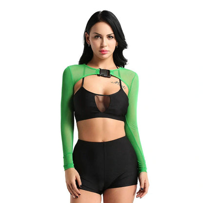Women's transparent mesh crop top with long sleeves and front button closure
