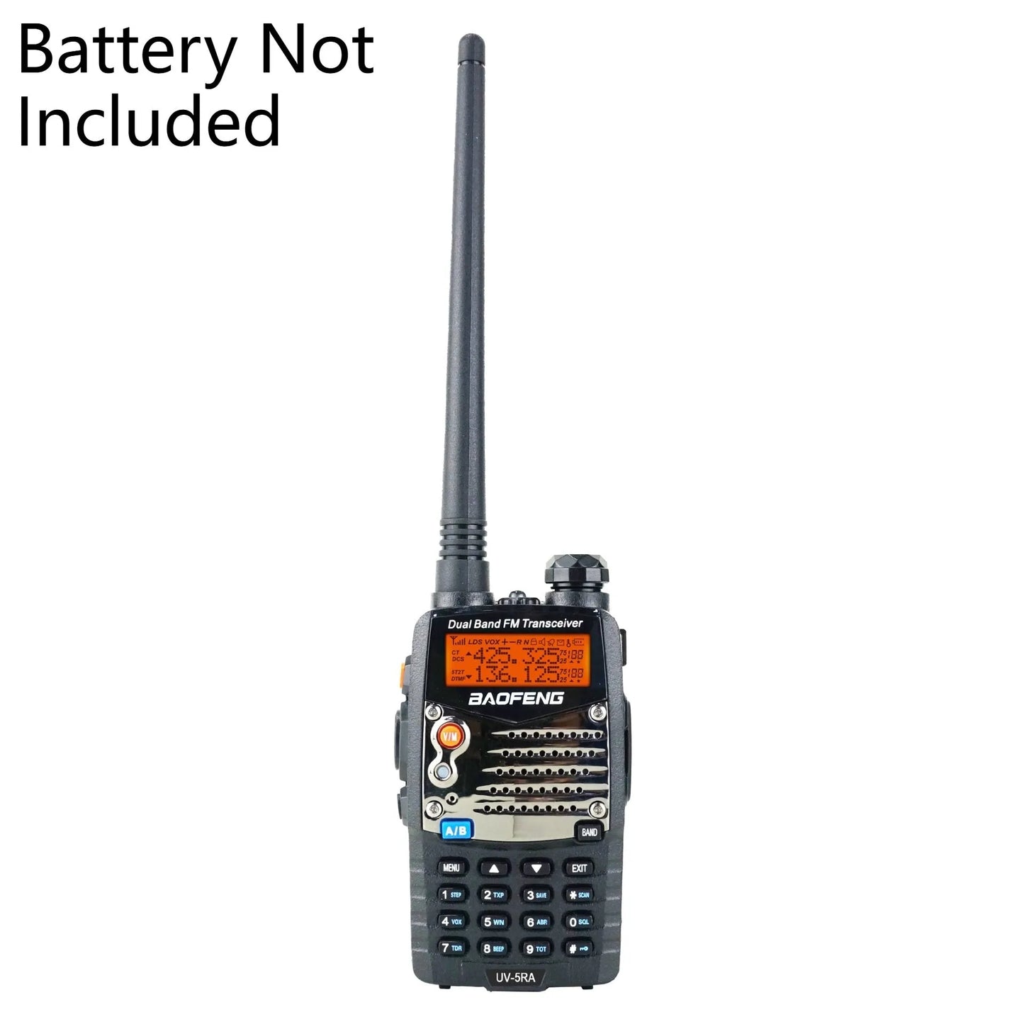 Baofeng UV-5RA handheld dual-band two-way radio with dual display screen and antenna.