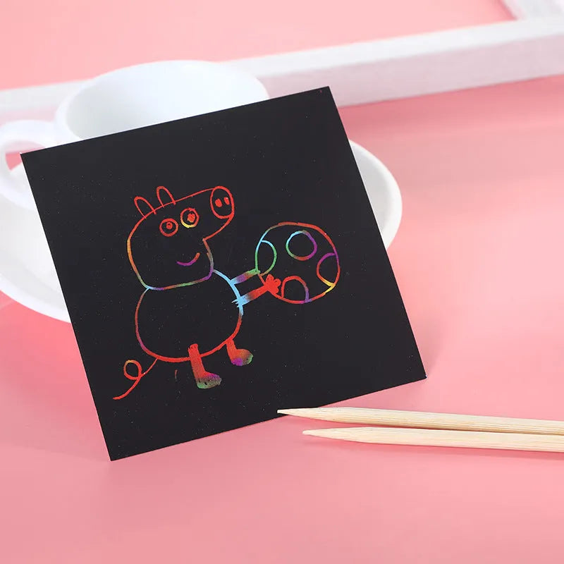 Colourful trumpet scratch painting set box containing 100 paper sheets for children's art activities