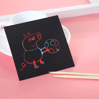 Colourful trumpet scratch painting set box containing 100 paper sheets for children's art activities