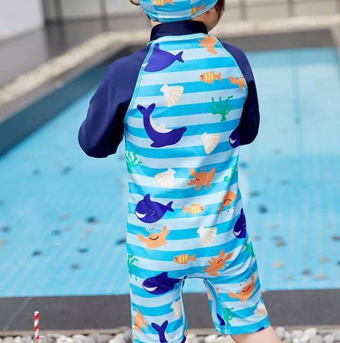 Children's one-piece swimsuit in striped shark and monster designs, sizes 2-10 yards