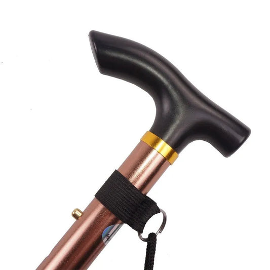 Aluminium alloy folding cane extended to 95 cm with non-slip rubber tip, showing adjustable height mechanism