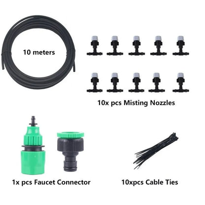Green 10-metre garden irrigation hose with micro-spray system for water mist cooling