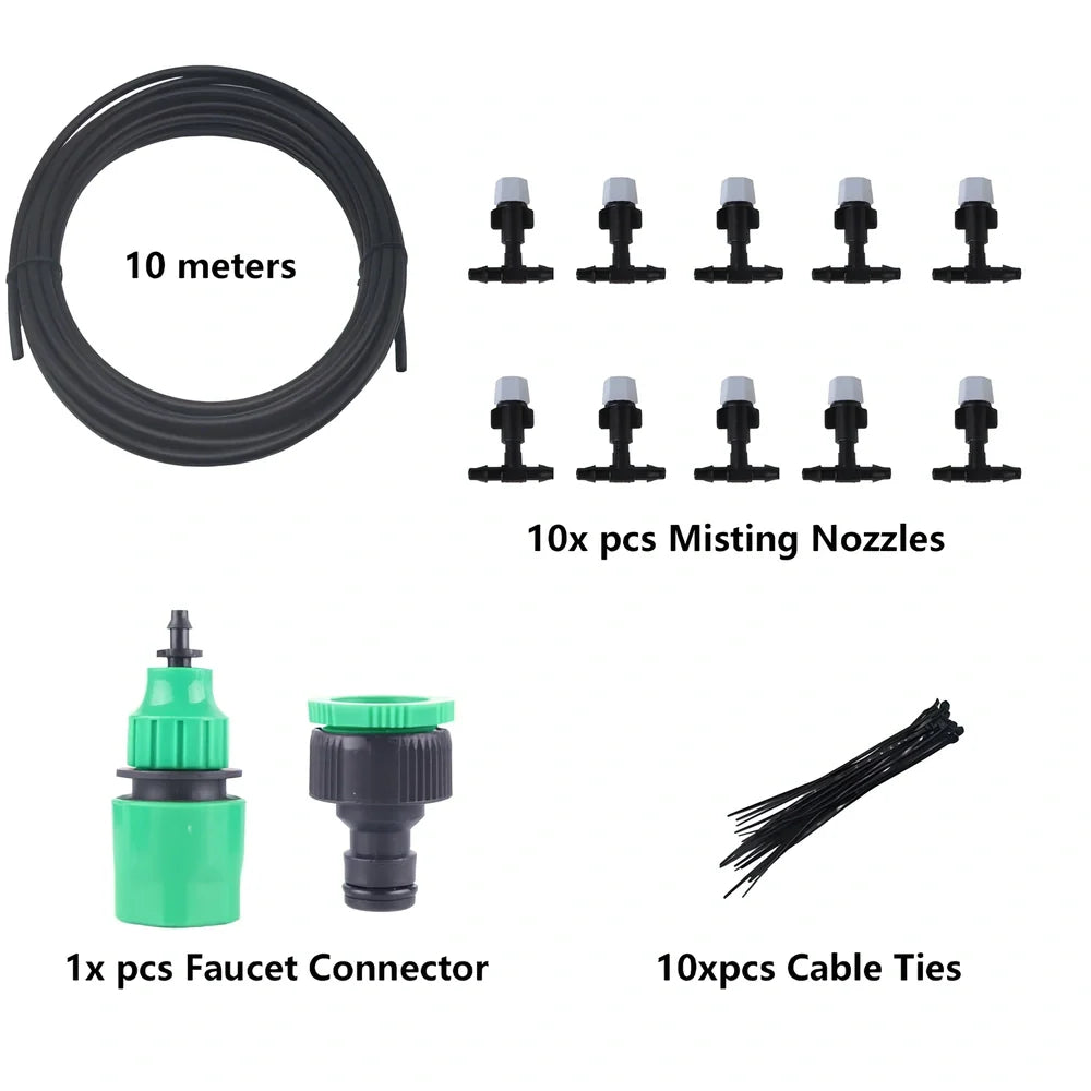 10m garden irrigation hose with 10 spray heads for mist watering and plant temperature control