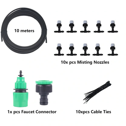 10m garden irrigation hose with 10 spray heads for mist watering and plant temperature control
