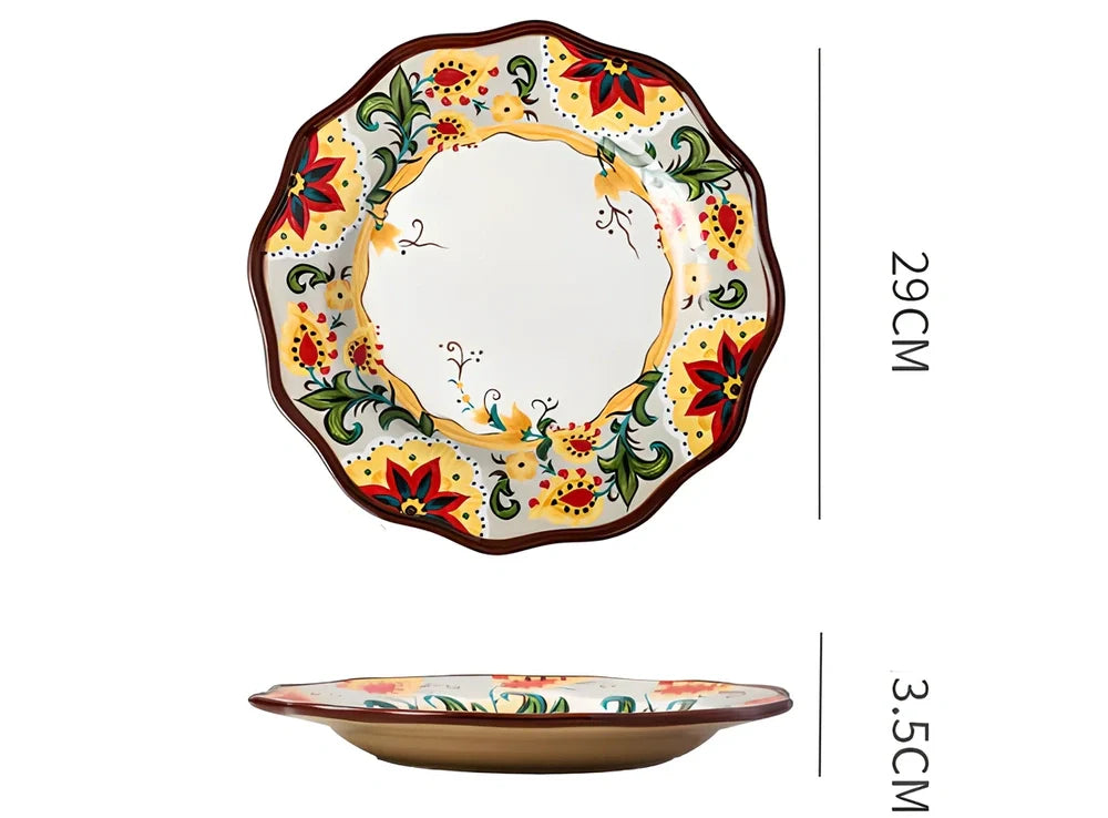 Underglaze ceramic bowl with Bohemian floral pattern in blue mandarin duck design, 8 inch diameter