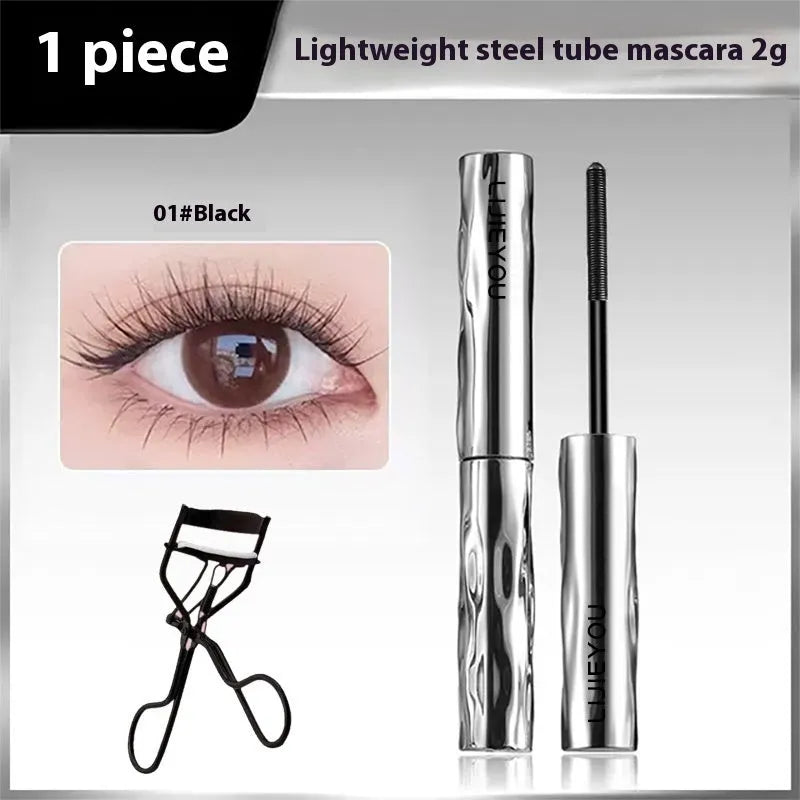 Waterproof mascara in steel tube with optional eyelash curler in black and brown colours