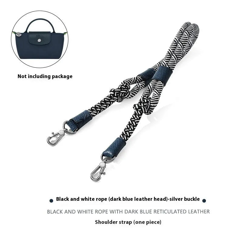 Braided rope shoulder strap with alloy hardware in silver or gold finish options