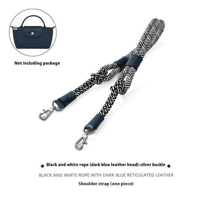 Braided rope shoulder strap with alloy hardware in silver or gold finish options