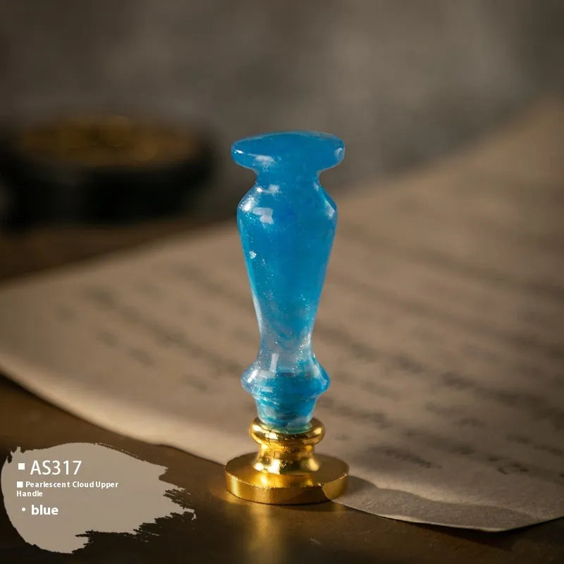 Wooden wax seal handle tool in various designs including lily, pearl cloud, and double dragon styles.