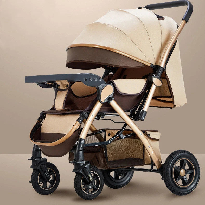 Baby stroller with reversible seat in sky blue colour showing folded and unfolded configurations