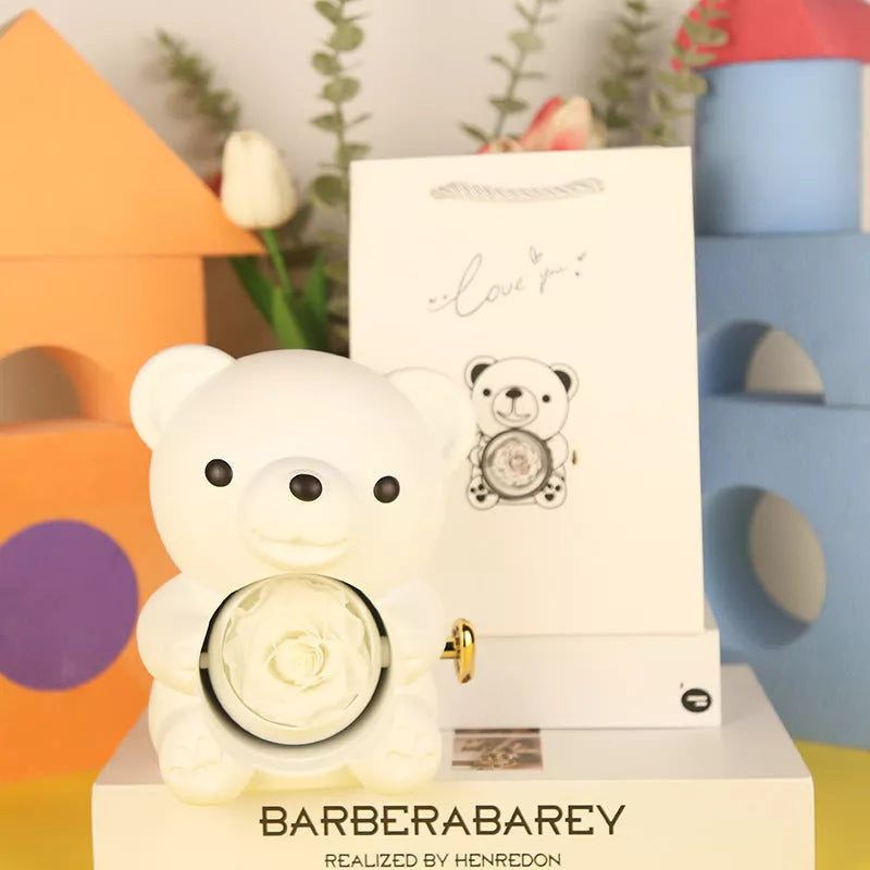 Eternal Rose Teddy Bear Jewelry Box with rotating drawer and preserved rose