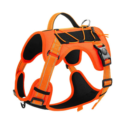 Orange reflective dog harness with attached black hand-holding rope leash shown on a medium-sized dog.