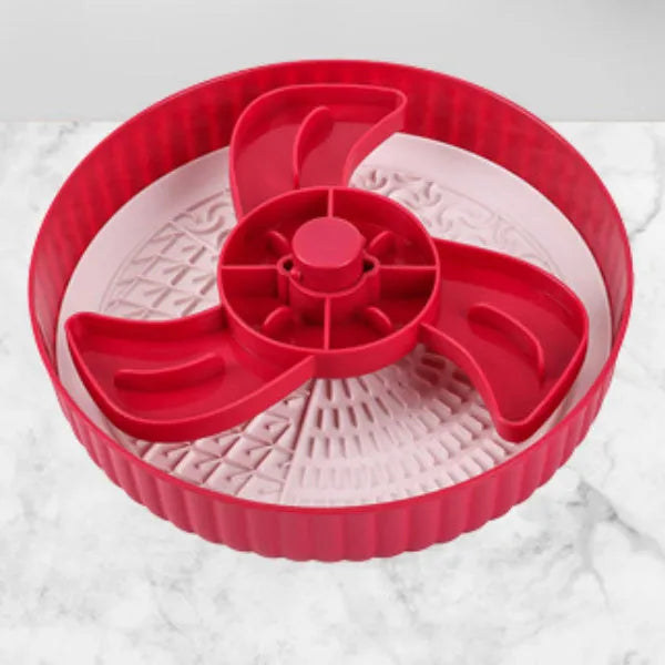 Pet food basin with rotating game board and textured silicone pad in multiple colour options including beige, blue, gray, green, and red