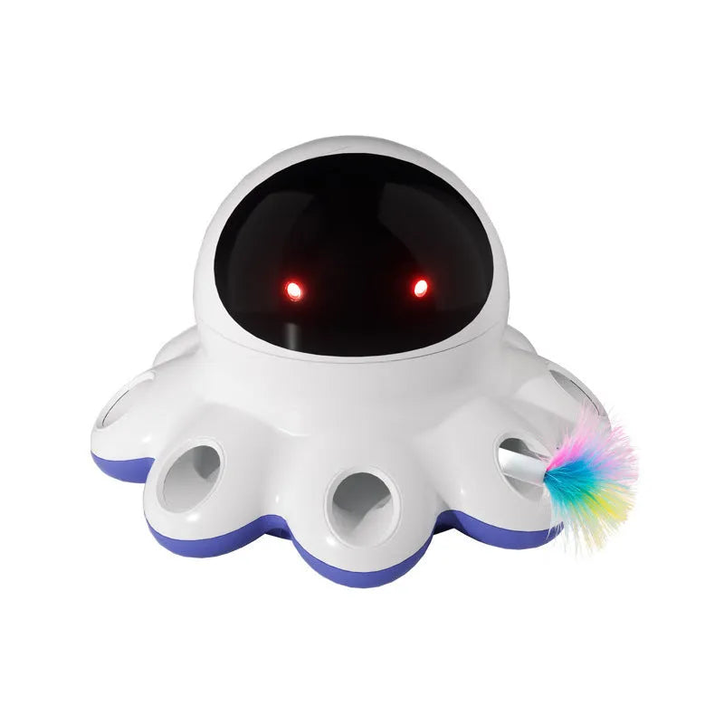 Automatic electric cat toy with shiny feather attachment on black background