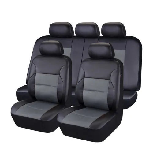 Artificial leather car seat covers in black, showing 9-piece set with headrest and seat protection on a 5-seater car