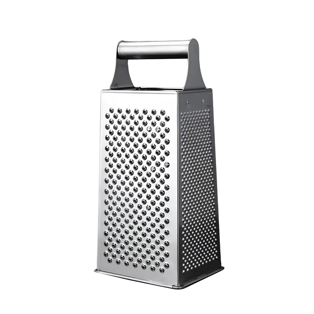 Stainless steel vertical grater with interchangeable plates and weighted base