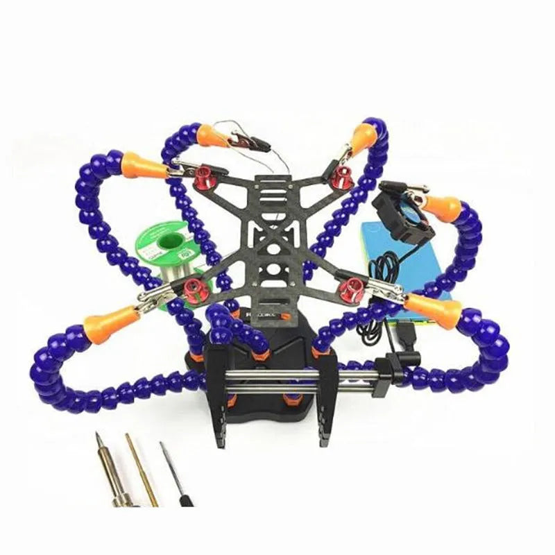 Black aluminium six-jaw welding station with seven adjustable arms and a rotating chuck for model repair soldering.