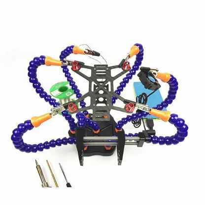Black aluminium six-jaw welding station with seven adjustable arms and a rotating chuck for model repair soldering.
