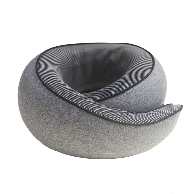 U-shaped neck pillow with memory foam filler measuring 27x26x13cm for travel, adult and elderly comfort, includes storage bag, available in black, dark blue, dark grey, and light grey buggy bag colours.