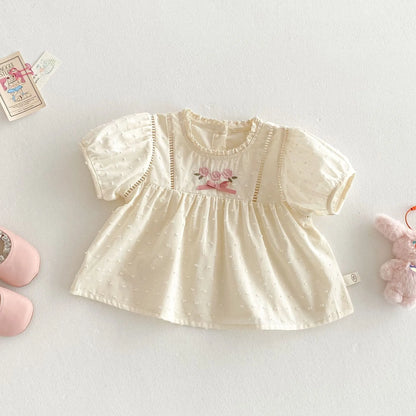 Girls' cotton short-sleeve shirt with lace collar and lace straight-leg trousers set in almond, sizes 73-120cm