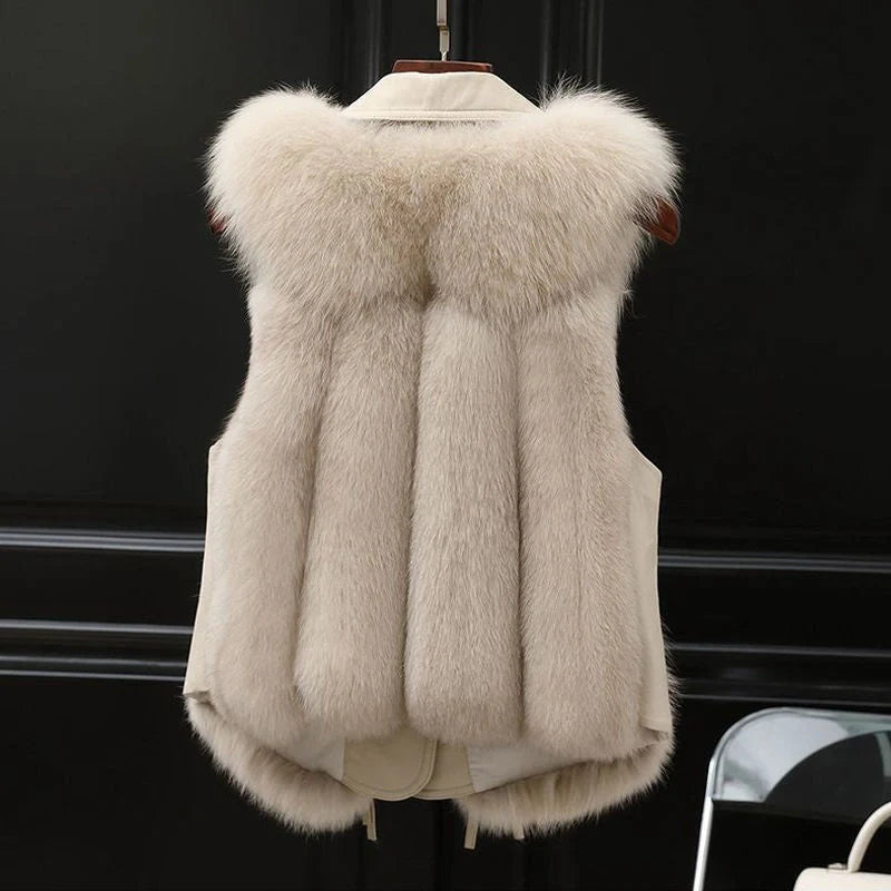 Women's short artificial fur vest in patchwork design, available in milk tea and camel colors