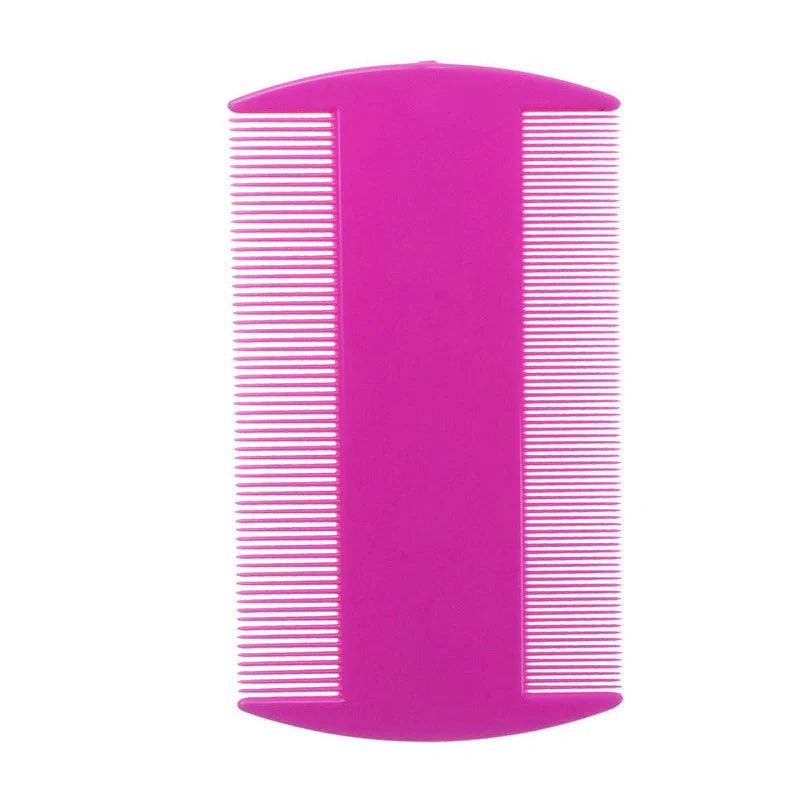 Double-edged fine-toothed plastic flea comb measuring 8cm by 7.5cm in rose red colour