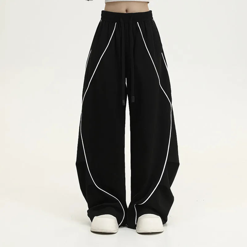 Black stripe pattern pleated hip hop sports wide-leg trousers with mid-waist fit