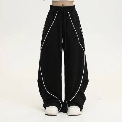 Black stripe pattern pleated hip hop sports wide-leg trousers with mid-waist fit