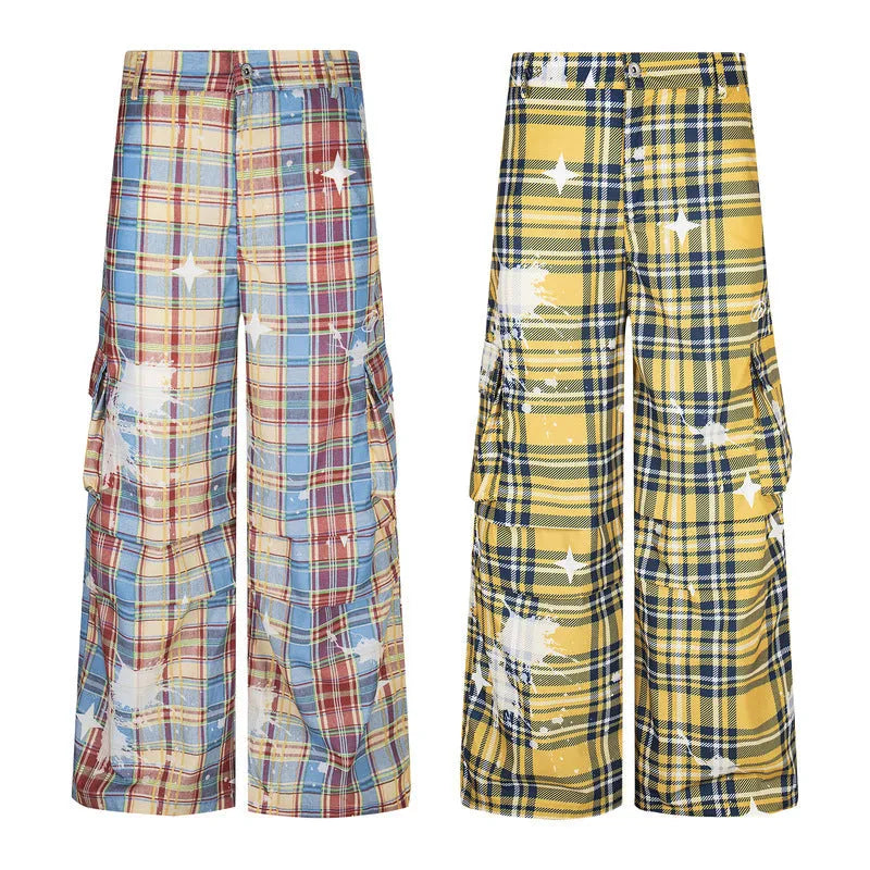 Men's retro plaid overalls with loose straight leg trousers in blue or yellow check pattern