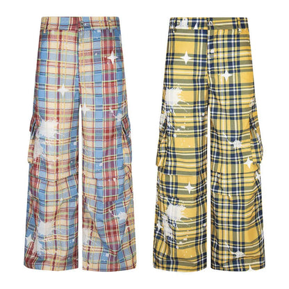 Men's retro plaid overalls with loose straight leg trousers in blue or yellow check pattern