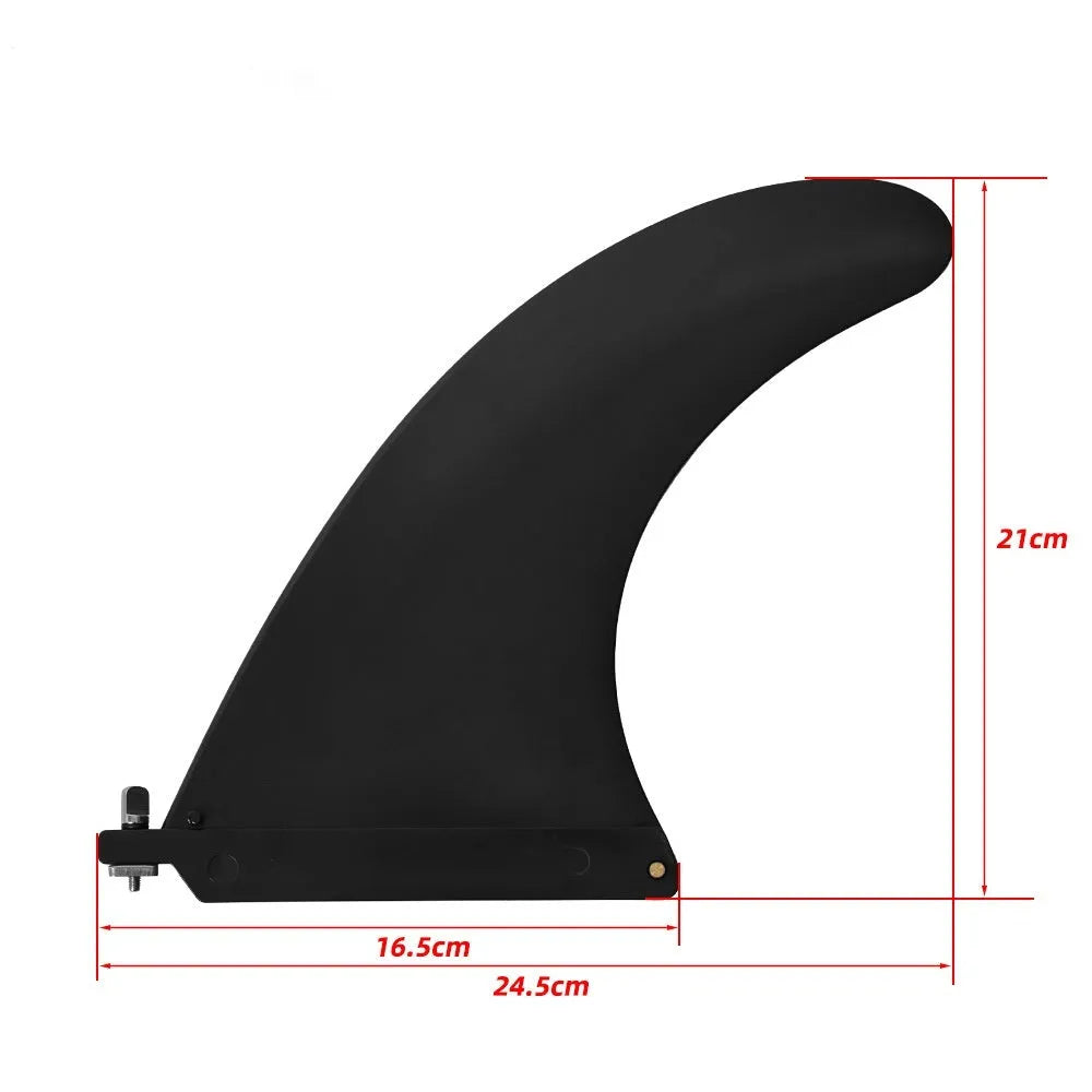 SUP paddle with detachable fish fins showing screw attachment system and plastic construction