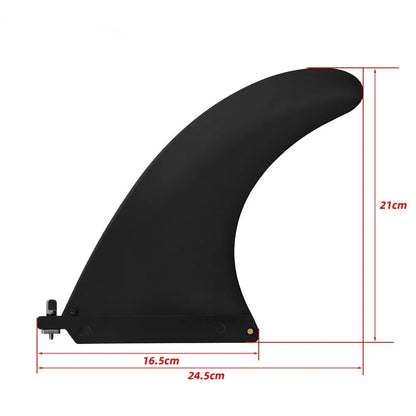 SUP paddle with detachable fish fins showing screw attachment system and plastic construction