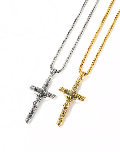 Mens adjustable titanium steel Jesus cross pendant necklace with pearl chain