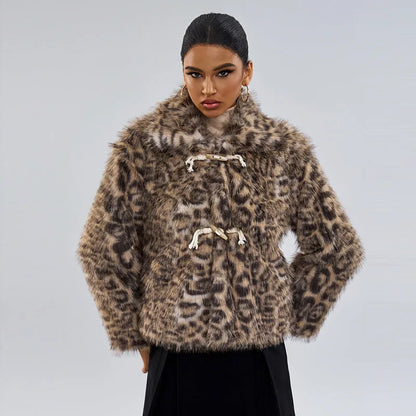 Leopard print women's coat with buckle lapel detail, regular sleeves, and street fashion style