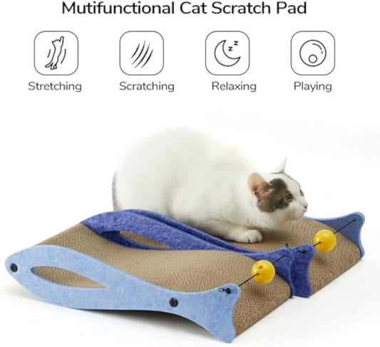 Blue fish-shaped cat scratcher with wavy lounge, bell toys, and 46x25x10cm dimensions