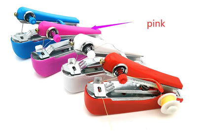 Small blue hand-held manual sewing machine showing stainless steel components and compact 11cm design