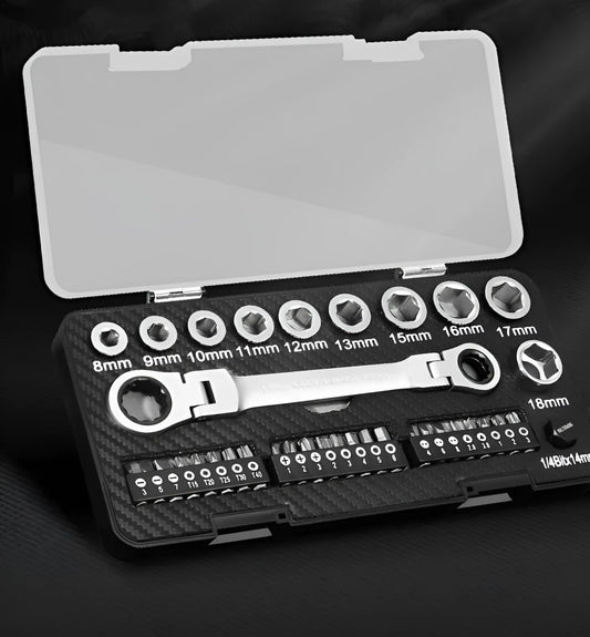 Double-ended ratchet wrench set with sockets and screwdriver bits laid out