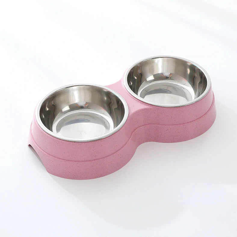 Double pet bowl with stainless steel insert and straw base in blue, showing separate food and water compartments