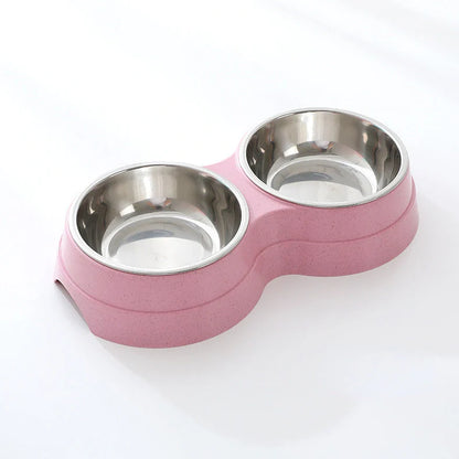 Double pet bowl with stainless steel insert and straw base in blue, showing separate food and water compartments