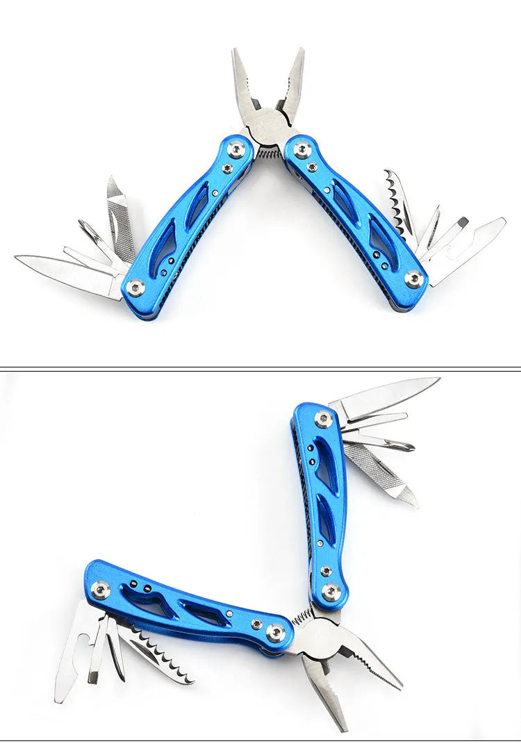 Blue folding multi-function pliers with fruit knife showing compact 7cm folded size