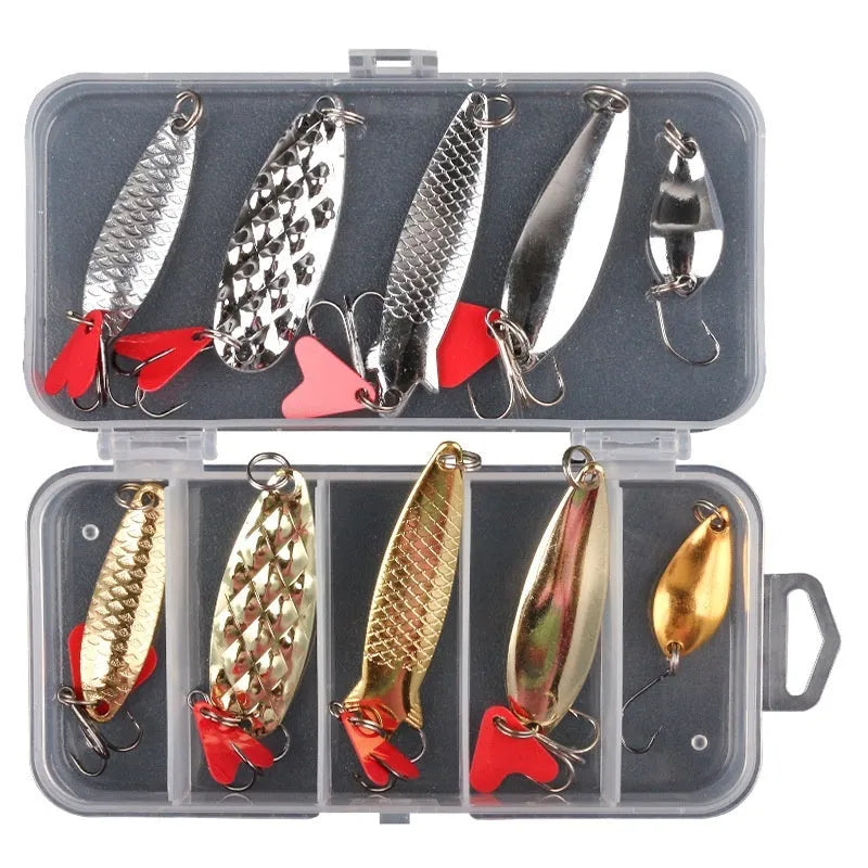 Fishing lure iron false bait with pineapple shape and sequinned box design for trout and salmon fishing, includes gold and silver metal sequins for enhanced underwater light reflection in freshwater angling