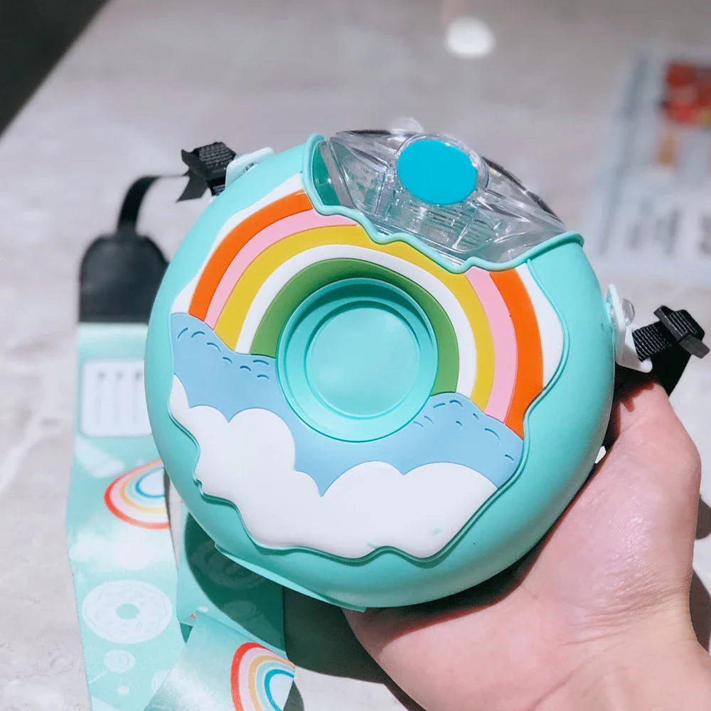 Donut-shaped water bottle with straw in various fun color options, perfect for on-the-go hydration
