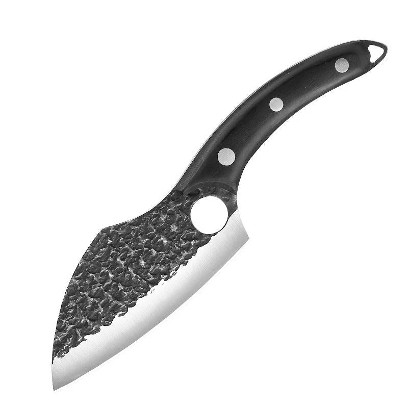 Rugged high-carbon steel outdoor folding knife with antique-inspired hammer pattern design and protective leather sheath