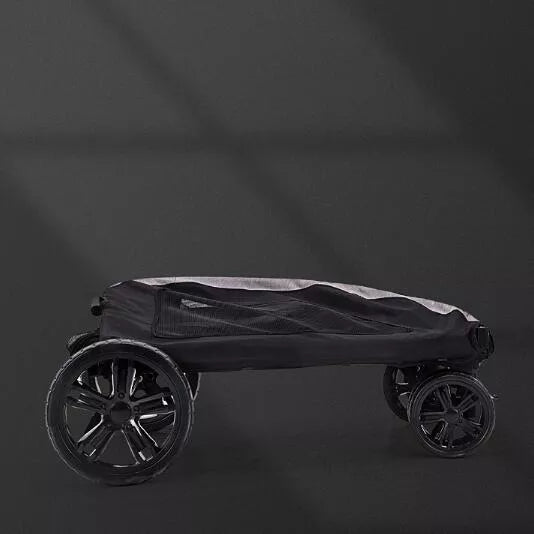 Foldable pet stroller for medium to large dogs in gray, blue, red, and black