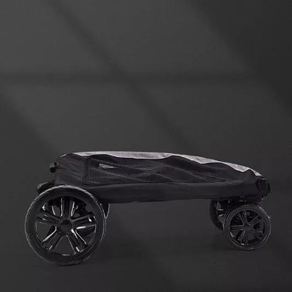 Foldable pet stroller for medium to large dogs in gray, blue, red, and black