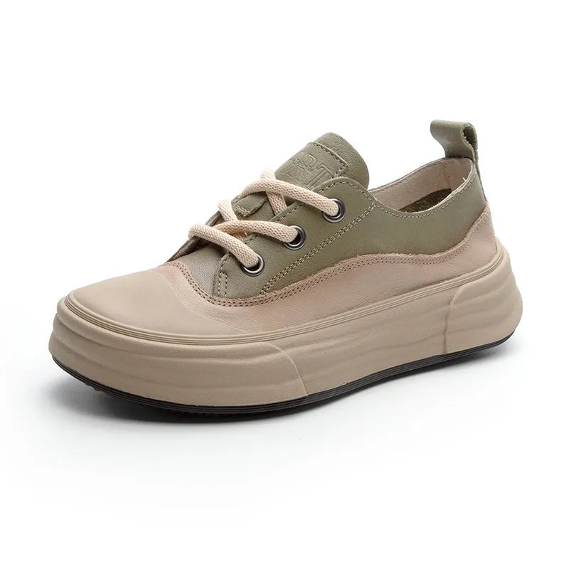 Women's leather platform sneakers in matcha green with round toe and lace-up front